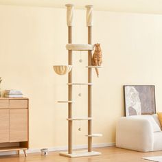 a cat tree in the middle of a living room