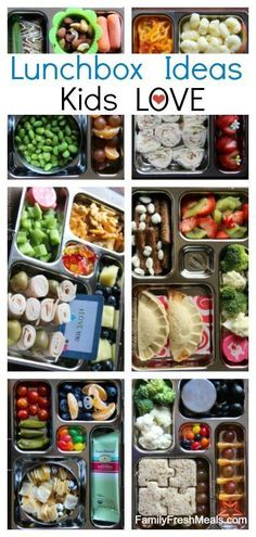 several pictures of different compartments in a lunch box filled with vegetables, fruit and meats