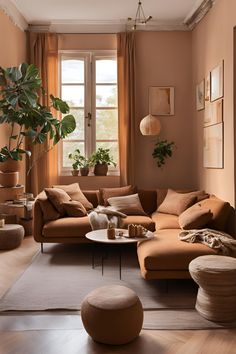 a living room filled with lots of furniture and a potted plant in the corner