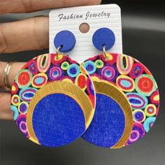 Ethnic Round Colorful Printed Wood Earring Ceramic Pattern, Wife Style, 3 Earrings, Stil Boho, Suit For Women, Bohemian Print, Ethnic Earrings, Styl Boho, Wooden Earrings