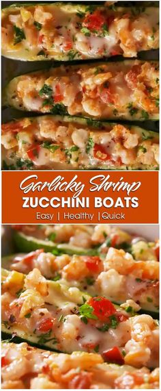 zucchini boats are loaded with vegetables and sauces for an easy, healthy dinner