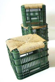 three green baskets sitting on top of each other