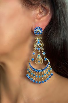 Bright Sapphire Blue Cascading Linked Fan Chandelier Earrings  ( Clip Or Pierced) Fan Chandelier, Crystal Ornament, Gold Flecks, Signature Jewelry, Couture Jewelry, Fall Jewelry, Metallic Blue, Sapphire Blue, Beaded Stretch Bracelet