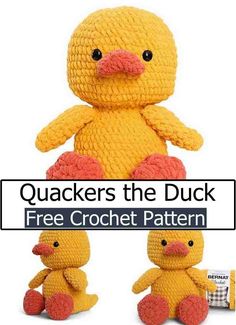 two crocheted ducks sitting next to each other with the text, quacks the duck free crochet pattern