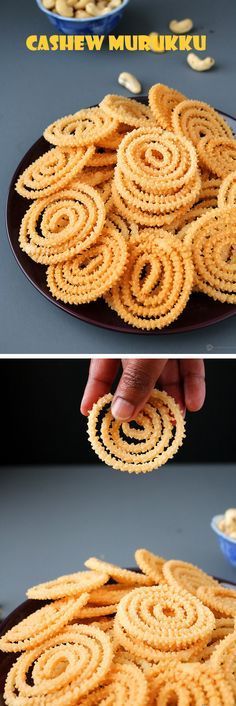 there are two pictures of food on the plate and one is being cut into spirals