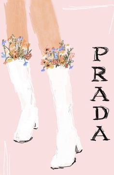 a drawing of a woman's legs wearing white boots with flowers on the side