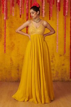 Shop for Masumi Mewawalla Yellow Silk Sequin Embroidered Anarkali for Women Online at Aza Fashions Mustard Anarkali, Mustard Lehenga, Peacock Couture, V Neck Anarkali, Lehenga With Blouse, Simple Kurta, Mustard Fabric, Haldi Outfits, Indian Kurti Designs