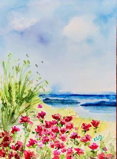 a watercolor painting of red flowers on the beach with blue sky and ocean in the background