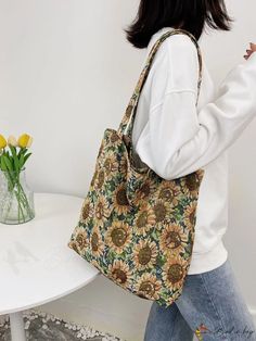 BirdinBag - Stylish Sunflower Shopper Tote Casual Rectangular Canvas Bag With Floral Print, Casual Canvas Bag With Floral Print For Shopping, Casual Floral Print Flower Shoulder Bag, Casual Floral Print Shoulder Bag For Shopping, Yellow Floral Print Everyday Bag, Everyday Yellow Floral Print Bags, Casual Flower-shaped Shoulder Bag For Everyday, Casual Flower Shaped Shoulder Bag For Everyday, Yellow Floral Print Shoulder Bag For Daily Use