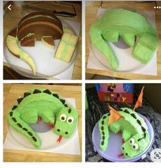 four pictures of different cakes decorated to look like animals and lizards, including an alligator