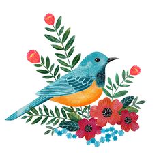 a blue bird sitting on top of flowers