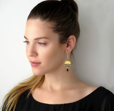 "These Boho gold earrings are long, dainty, dangly, and delicate, perfect as an elegant fashionable statement! Made by hand, from gold plated castings, Swarovski 3mm beads, Swarovski drop, Miyuki round seed beads, and goldfilled 14k ear-wire Wear these Statement beaded earrings with your hair up or down, with a casual boho flowy maxi dress or with a sophisticated modern evening outfit. They will always help you shine and dazzle. Measurements: Earring length: 2.75\" (7cm) Earring width: 0.78\" (2 Gold Beaded Drop Earrings, Elegant Brass Earrings With Dangling Beads, Elegant Teardrop Beaded Brass Earrings, Elegant Brass Teardrop Beaded Earrings, Elegant Brass Beaded Earrings For Pierced Ears, Long Chain Earrings Gold, Pearl And Gold Earrings, Bohemian Wedding Earrings, Hard Jewelry