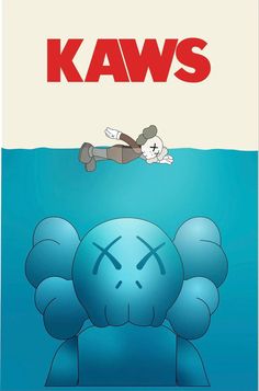 a cartoon character floating in the water next to a stuffed animal that says kaws