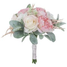 a bridal bouquet with pink and white flowers, greenery and leaves on a white background