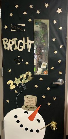 a door decorated to look like a snowman with the words bright written on it