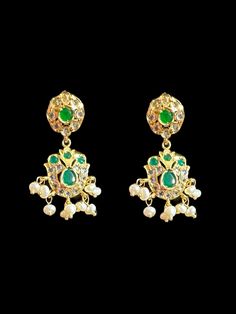 Gold plated Rani haar with earrings length of necklace -13.8 inches on each side length of earrings-1.2 inch stones - glass Polki or Cz Polki pearls / beads - fresh water pearls or real pearls plating - gold plated Green Stone Work Jhumkas For Celebration, Green Stone Work Temple Jewelry Earrings, Elegant Green Danglers For Diwali, Green Elegant Danglers For Diwali, Elegant Green Danglers For Festivals, Elegant Green Danglers For Festive Occasions, Elegant Green Kundan Jhumkas, Elegant Green Kundan Necklace With Latkans, Elegant Green Kundan Bridal Earrings