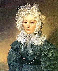 an old painting of a woman with white hair wearing a black dress and lace collar