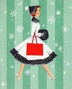 a painting of a woman carrying a shopping bag with snowflakes on the background