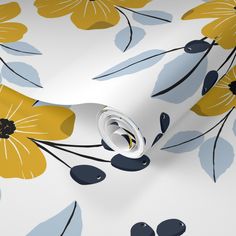 yellow and blue flowers on white wallpaper with black dots in the center, as well as leaves