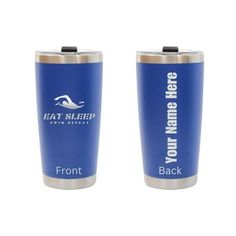 two stainless steel tumblers with blue and silver lids