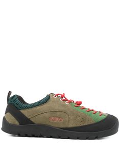 olive green/multicolour calf leather suede front drawstring fastening panelled design mesh panelling pull-tab at the heel logo-debossed tongue debossed logo to the side round toe foam branded insole rubber outsole Green Leather Lace-up Walking Shoes, Green Sneakers With Textured Sole For Outdoor Activities, Green Walking Shoes With Round Toe, Leather Hiking Sneakers With Contrast Sole, Green Slip-on Walking Shoes With Rubber Sole, Olive Low-top Sneakers For Outdoor, Leather Hiking Sneakers With Laces, Low-top Hiking Sneakers With Contrast Sole, Green Leather Low-top Walking Shoes