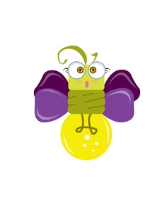 a cartoon character with big eyes and purple wings on top of a yellow ball that has stars around it