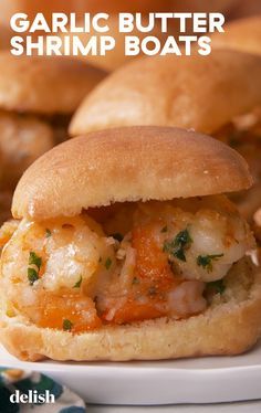 garlic butter shrimp boats on a white plate