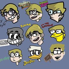 some cartoon characters with different expressions on their faces and eyes, including one man's head