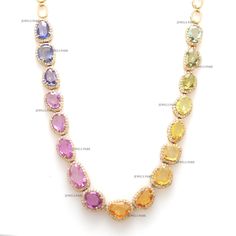 Rainbow sapphire tumble rose cut diamond necklace gold | Natural rainbow sapphire rose cut tennis necklace | Multi sapphire diamond necklace GEMSTONE DETAILS : ✦ Gemstone : Rainbow Sapphire ✦ Gemstone Type : Natural ✦ Gemstone Size : 7x5 mm ✦ Gemstone Shape : Rose Cut Faceted ✦ Gemstone Weight : 13.30 Carats ✦ Gemstone Grade : AAA DIAMOND DETAILS : ✦ Diamond Type : Natural ✦ Diamond Size :  1.10 MM ✦ Diamond Color : FG ✦ Diamond Clarity : Slightly included ✦ Diamond Cut : Round ✦ Diamond Weight : 1.66 Carats METAL DETAILS : ✦ Metal : 14K/18K Gold ✦ Metal Color : Yellow / White / Rose Gold ✦ Setting : Flush Setting ✦ Ring Box : Yes SHIPPING DETAILS : ✦ Production time : 10-12 days ✦ Delivery time : 7-8 days ✦ Expedited shipping : Available ✦ Expedited shipping service : UPS ✦ Expedited ship Diamond Necklace Gold, Sapphire Diamond Necklace, Rainbow Sapphires, Rainbow Gemstones, Bridal Jewelry Collection, Multi Sapphire, Rainbow Bracelet, Tennis Necklace, Necklace Gemstone