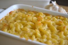 macaroni and cheese in a white casserole dish