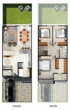 two floor plans showing the living room, bedroom and dining area with an attached patio