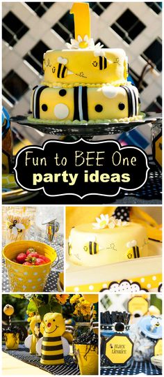 a collage of photos with yellow and black decorations, including bee themed birthday cakes