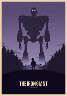 the iron giant robot is silhouetted against a night sky