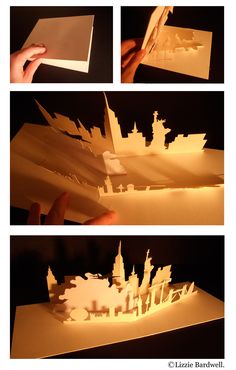 three images show how to make a paper city