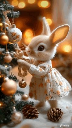 a small rabbit is standing next to a christmas tree