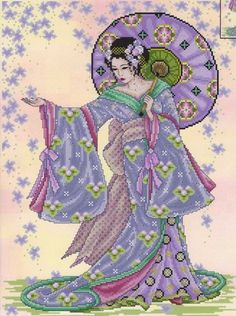 a woman with an umbrella cross stitch pattern