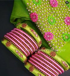 Pink And Green Bangles Set, Diy Bangles, Diy Hair Accessories Tutorial, Maggam Blouse