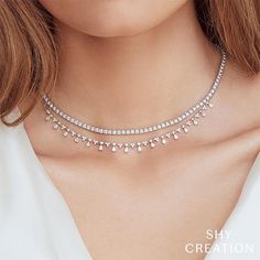 Shy Creation Diamond Necklace in 14 karat white gold with diamonds totaling 2.12 carats. Diamond Necklace Set Simple, Exquisite Diamond Necklace, Diamond Drop Necklace, Real Diamond Necklace, The Bling Ring, Diamond Tennis Necklace, Diamond Necklace Set, Pear Cut Diamond