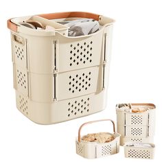 a white laundry basket with four baskets and one bag in the bottom left hand corner