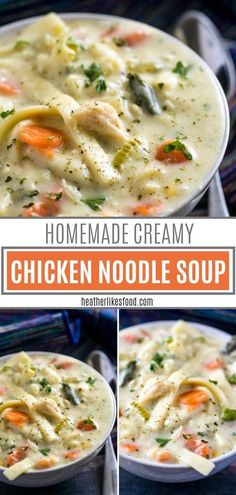 homemade creamy chicken noodle soup in a white bowl