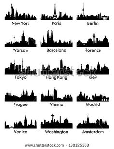 the world's most famous cities are shown in this black and white silhouettes