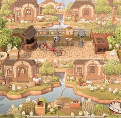 an image of a village with lots of animals in the yard and on the ground