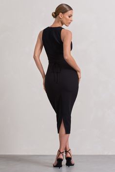 Its all in the details with Odessa. Arriving in a staple black shade of our premium stretch crepe, this bodycon midi is defined by its figure-sculpting silhouette. Further enhancing Odessa is a plunging collar neckline and thin self-tie straps that cinch your waistline. For the perfect dinner date look, try styling this black midi with a sleek bun and gold accents.  Features - Premium stretch crepe- Bodycon fit - Plunge collar neckline - Sleeveless - Invisible zip closure - Self-tie waist straps- Split hemline - Midi length Sizing & Fit Model is 5'8" and wears UK size 8 / US size 4 Product Information Designed exclusively by Club L London Fully lined with some stretch Premium crepe in Black (95% Polyester, 5% Elastane) 125cm total length SKU: CL129735002 Figure Sculpting, Sleek Bun, Perfect Dinner, Black Dress Prom, Black Tie Gala, Sleeveless Midi Dress, Black Shade, Black Velvet Dress, Dinner Date