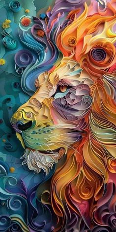 a colorful lion is depicted in this art work