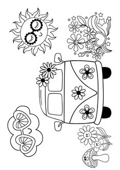 a bus with flowers and sun in the background, coloring pages for kids to color