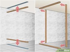 two pictures showing how to install an overhead beam in a room with tile flooring