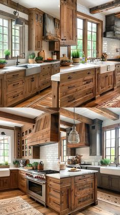 this kitchen has wooden cabinets and white counter tops, along with an island in the middle