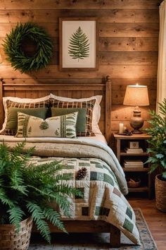 a bedroom with wooden walls and plants on the nightstands in front of the bed