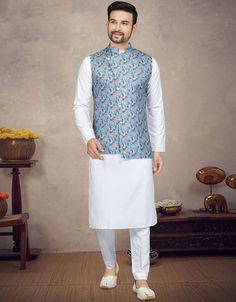 White Kurta Cotton Trouser Front View White Cotton Nehru Jacket, Kurta Cotton, Modest Evening Dress, Chinese Collar, White Kurta, Nehru Jackets, Cotton Bottoms, Stylish Jackets, Cotton Pyjamas