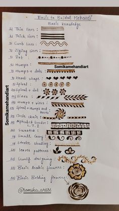 a piece of paper that has some writing on it with different types of designs and colors